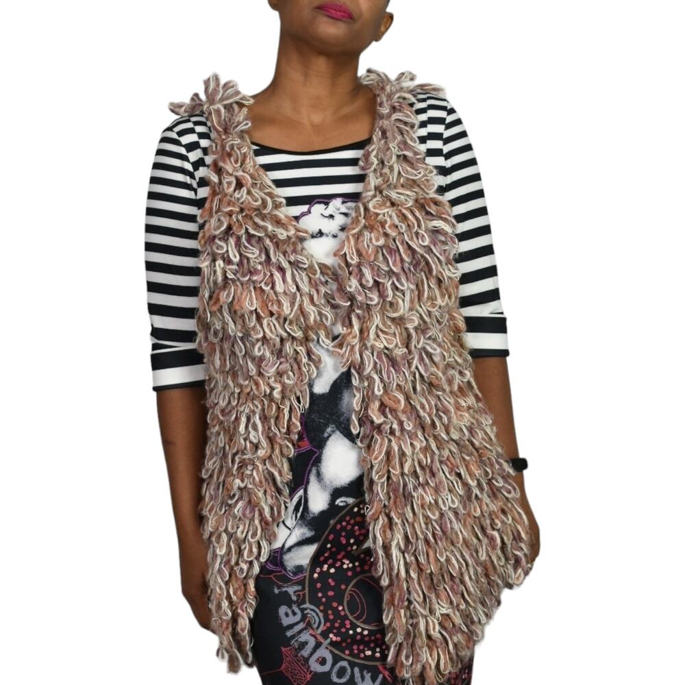 Hand Knit by Dollie Vest Tan Loop Yarn Alpaca Chunky Shaggy Wearable Art Large
